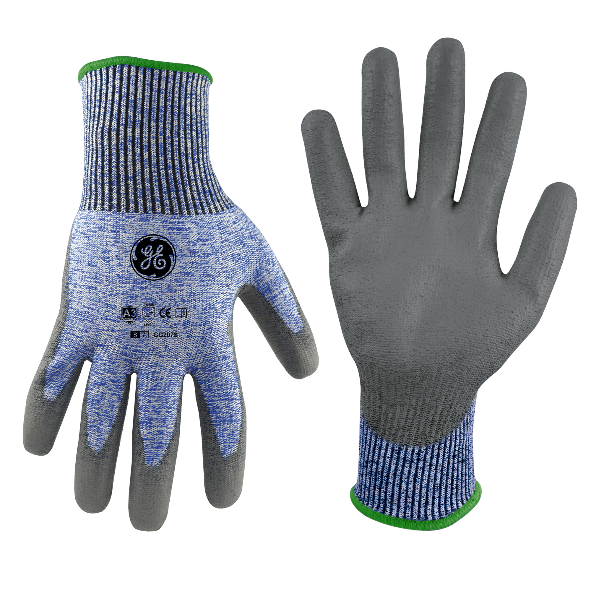 General Electric PU Dipped Gloves, 18 GA, Blue/Gray, 1 Pair, S